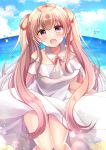  1girl :d bare_shoulders blue_sky blush breasts brown_hair clouds cloudy_sky commentary_request day dress fang hair_ribbon highres horizon long_hair looking_at_viewer medium_breasts minami_saki moe2020 neck_ribbon ocean off-shoulder_dress off_shoulder open_mouth original outdoors red_ribbon ribbon sky smile solo twintails very_long_hair water water_drop white_dress 
