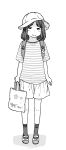  1girl bag full_body greyscale hat highres holding kyaradain medium_hair monochrome original shirt shoes smile solo striped striped_shirt uwabaki white_background 