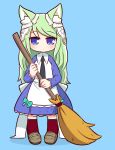 1girl 7th_dragon 7th_dragon_(series) animal_ear_fluff animal_ears apron arietta_(7th_dragon) black_neckwear blue_background blue_dress blue_eyes blush bow broom brown_footwear collared_dress commentary_request dress full_body green_hair hair_ornament highres holding holding_broom loafers long_hair long_sleeves looking_at_viewer naga_u necktie red_legwear shadow shoes solo standing thigh-highs very_long_hair white_apron white_bow 