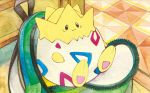  backpack bag black_eyes closed_mouth creature full_body gen_2_pokemon indoors no_humans official_art pokemon pokemon_(creature) pokemon_trading_card_game sekio sitting smile solo third-party_source togepi 