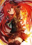  1girl absurdres arms_up bangs black_legwear black_skirt buttons eyebrows_visible_through_hair hair_between_eyes highres holding holding_sword holding_weapon jewelry kaamin_(mariarose753) long_hair long_sleeves open_mouth pendant red_eyes redhead shakugan_no_shana shana skirt solo sword thigh-highs weapon 