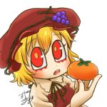  1girl aki_minoriko apron avatar_icon blonde_hair blouse chamaji commentary eyebrows_visible_through_hair food food_themed_hair_ornament fruit grape_hair_ornament grapes hair_between_eyes hair_ornament hat holding holding_food holding_fruit looking_at_viewer lowres mob_cap neck_ribbon open_mouth persimmon red_apron red_headwear ribbon signature solo touhou white_background 