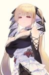  1girl azur_lane bangs blonde_hair breasts dress earrings eyebrows_visible_through_hair formidable_(azur_lane) frilled_dress frills hair_ribbon hand_on_own_chest highres jewelry large_breasts long_hair parted_lips red_eyes ribbon simple_background sofaxxx solo twintails 