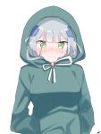  1girl bangs blush closed_mouth commentary drawstring eyebrows_behind_hair facial_mark girls_frontline green_eyes green_hoodie hair_ornament hands_in_pocket highres hk416_(girls_frontline) hood hood_up hoodie long_hair long_sleeves looking_at_viewer nose_blush signature silver_hair simple_background solo tosyeo wavy_mouth white_background 