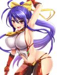  1girl arm_up bangs behind_back between_breasts blazblue blazblue_remix_heart blue_hair bow breasts commentary cowboy_shot eyebrows_visible_through_hair fingerless_gloves gloves hair_bow holding holding_staff large_breasts long_hair looking_at_viewer lowleg lowleg_pants mai_natsume masa_tarou medallion navel object_behind_back open_mouth pants ponytail red_gloves revealing_clothes side_cutout sidelocks simple_background smile solo staff standing swept_bangs very_long_hair violet_eyes white_background yellow_bow 