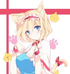  alice_margatroid animal_ears blonde_hair blue_dress blue_eyes bow breasts capelet cat_day cat_ears cat_paws cat_tail closed_mouth commentary_request dress eyebrows_visible_through_hair frilled_capelet frills hair_between_eyes hairband highres ichimura_kanata kemonomimi_mode lolita_hairband looking_at_viewer medium_breasts paw_pose paw_print paws red_bow red_hairband short_hair smile tail tail_bow touhou upper_body wrist_cuffs 