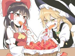  2girls ascot asutora bangs bare_shoulders basket black_headwear black_vest blonde_hair blush bow braid breasts brown_hair commentary_request detached_sleeves eating eyebrows_visible_through_hair food green_bow hair_between_eyes hair_bow hair_tubes hakurei_reimu hat holding holding_food kirisame_marisa long_hair long_sleeves looking_at_another multiple_girls orange_eyes puffy_short_sleeves puffy_sleeves red_bow short_sleeves sidelocks simple_background single_braid small_breasts spicy sweat touhou translated upper_body v-shaped_eyebrows vest white_background witch_hat yellow_eyes yellow_neckwear 