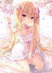 1girl bangs bare_shoulders barefoot between_legs blonde_hair blurry blurry_foreground blush bow breasts cherry_blossoms closed_mouth commentary_request covered_navel depth_of_field dress eyebrows_visible_through_hair flower hair_between_eyes hair_bow hair_flower hair_ornament hand_between_legs hand_up long_hair moe2020 neck_ribbon original petals petals_on_liquid pink_flower red_bow red_eyes red_ribbon ribbon see-through shallow_water shikitani_asuka sleeveless sleeveless_dress small_breasts smile solo tree_branch twintails twitter_username very_long_hair water wet wet_clothes wet_dress white_dress wrist_cuffs