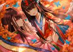  2girls autumn black_hair bow brown_hair bug butterfly calligraphy_brush fate/grand_order fate_(series) hair_bow insect japanese_clothes kimono layered_clothing layered_kimono long_hair multiple_girls murasaki_shikibu_(fate) paintbrush paper purionpurion sei_shounagon_(fate) smile very_long_hair violet_eyes yellow_eyes 