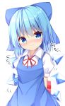  1girl arms_behind_back blue_dress blue_eyes blue_hair blush bow box cirno dress eyebrows_visible_through_hair fidgeting flying_sweatdrops gift gift_box hair_between_eyes hair_bow head_tilt highres holding holding_box kuraaken looking_at_viewer motion_lines pinafore_dress puffy_short_sleeves puffy_sleeves red_ribbon ribbon shirt short_hair short_sleeves simple_background smile solo standing touhou upper_body white_background white_shirt wings 