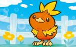  bird bird_focus blue_sky clouds cloudy_sky creature day fence flower full_body gen_3_pokemon mahou no_humans official_art outdoors pokemon pokemon_(creature) pokemon_trading_card_game sky standing third-party_source torchic 