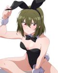  animal_ears bare_legs bare_shoulders black_leotard black_neckwear bow bowtie breasts bunny_girl bunny_tail bunnysuit commentary_request detached_collar fake_animal_ears green_hair highleg highleg_leotard highres idolmaster idolmaster_million_live! leotard looking_at_viewer medium_breasts nagami_tami nagayoshi_subaru rabbit_ears red_eyes short_hair sitting strapless strapless_leotard tail wrist_cuffs 