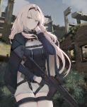  an-94 an-94_(girls_frontline) aqua_eyes assault_rifle blonde_hair braid breasts cowboy_shot day diving_suit french_braid girls_frontline gun hair_intakes hairband highres long_hair medium_breasts outdoors pursed_lips rifle ru_zhai ruins tactical_clothes weapon 