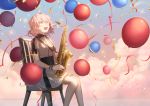  1girl :d balloon bangs blue_sky blush breasts brown_eyes chair clouds collared_shirt commentary_request eyebrows_visible_through_hair feet_out_of_frame grey_legwear hair_between_eyes highres holding holding_instrument horizon instrument looking_away on_chair open_mouth original outdoors pantyhose pink_hair puffy_short_sleeves puffy_sleeves saihate_(d3) saxophone shirt short_sleeves sitting skirt sky small_breasts smile solo sparkle streamers upper_teeth white_shirt white_skirt 