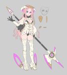  1girl absurdres armor blue_eyes boots breasts capelet closed_mouth contrapposto elbow_gloves full_body gloves grey_background halo heterochromia high_heel_boots high_heels highres holding holding_weapon leotard long_hair looking_at_viewer medium_breasts nagisa_kurousagi original pink_eyes pink_hair poleaxe simple_background solo standing thigh-highs thigh_boots weapon white_capelet white_legwear 