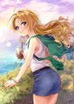  1girl alternate_hairstyle ass blonde_hair blue_skirt blush bracelet casual clouds commentary_request cup drinking_glass earrings green_jacket hair_down highres holding holding_cup idolmaster idolmaster_cinderella_girls jacket jacket_on_shoulders jewelry kakitsubata_zero kiryuu_tsukasa_(idolmaster) long_hair looking_at_viewer looking_back nail_polish ocean purple_sky red_nails shirt signature skirt smile solo sparkle violet_eyes white_shirt 