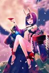  1girl breasts fate/grand_order fate_(series) feet highres hironox horns japanese_clothes looking_at_viewer oni oni_horns open_mouth purple_hair short_hair shuten_douji_(fate/grand_order) skin-covered_horns small_breasts solo violet_eyes 