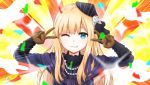 1girl bangs blonde_hair blue_eyes blue_jacket brown_gloves commentary double_v emotional_engine_-_full_drive eyebrows_visible_through_hair fate/grand_order fate_(series) flower fur_collar fur_trim gloves grin hair_ornament hat highres jacket kirukun long_hair long_sleeves looking_at_viewer one_eye_closed parted_lips reines_el-melloi_archisorte signature smile solo v 