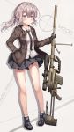  1girl absurdres bangs black_gloves black_neckwear blush bolt_action cheytac_m200 commentary_request eyebrows_visible_through_hair girls_frontline gloves grey_hair gun hair_between_eyes highres jacket long_hair long_sleeves m200_(girls_frontline) necktie pleated_skirt ponytail rifle shirt simple_background skirt sniper_rifle solo violet_eyes wabbajack weapon white_shirt 