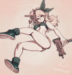  1girl bare_shoulders blonde_hair blue_eyes breasts curly_hair dark_persona dragon_ball dragon_ball_(classic) dual_wielding full_body gun hair_ribbon hairband highres holding holding_gun holding_weapon imi_uzi kneepits legs loose_socks lunch_(dragon_ball) machine_pistol medium_breasts ribbon sandcasket sepia shoes short_shorts shorts smile smoke smoking_gun sneakers solo strapless submachine_gun trigger_discipline tubetop under_boob weapon 