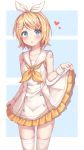  1girl absurdres bangs bare_shoulders blonde_hair blue_eyes blush collarbone commentary_request dress dress_lift eyebrows_visible_through_hair frills hair_ornament hairband hairclip heart heart_print highres kagamine_rin looking_at_viewer open_mouth ribbon short_hair sleeveless sleeveless_dress solo thigh-highs vocaloid wabbajack white_dress white_hairband white_legwear 