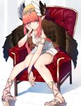  1girl bangs breasts chair cheek_rest circe_(fate/grand_order) collarbone commentary_request eyebrows_visible_through_hair fate/grand_order fate_(series) feathered_wings head_wings highres jewelry long_hair looking_at_viewer mikan_(chipstar182) pink_hair pointy_ears simple_background sitting small_breasts solo white_background wings 