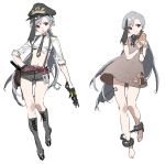  1girl absurdres azur_lane boots bread collar food full_body grey_hair hat highres long_hair looking_at_viewer minsk_(azur_lane) no_panties police police_hat police_uniform ponytail rags shisantian shorts simple_background solo uniform violet_eyes white_background 