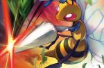  beedrill clouds creature flying gen_1_pokemon iribi_you motion_lines no_humans official_art outdoors pink_eyes pokemon pokemon_(creature) pokemon_trading_card_game sky solo sparkle third-party_source twilight 