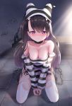  1girl azur_lane black_hair blush breasts chain closed_mouth cuffs eyebrows_visible_through_hair hair_between_eyes hat highres large_breasts long_hair looking_at_viewer looking_down misomiso_154 pamiat_merkuria_(azur_lane) prison prison_clothes shackles shirt sitting solo striped striped_shirt thigh-highs violet_eyes white_legwear 