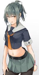  1girl absurdres belt black_legwear black_shirt bow contrapposto cowboy_shot green_skirt grey_hair grey_sailor_collar hair_bow highres kantai_collection kumanoko midriff necktie orange_neckwear pantyhose ponytail remodel_(kantai_collection) sailor_collar shirt short_hair short_ponytail simple_background skirt solo standing thighband_pantyhose white_background wristband yuubari_(kantai_collection) 