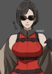  1girl ada_wong black_hair breasts butcha-u closed_mouth commentary_request gloves high_collar highres large_breasts lipstick makeup resident_evil resident_evil_2 short_hair simple_background solo sunglasses 