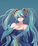  1girl absurdres aqua_eyes aqua_hair arm_behind_back breasts collarbone eyebrows_visible_through_hair gradient gradient_background hair_between_eyes hand_on_own_chest highres large_breasts league_of_legends long_hair parted_lips smile solo sona_buvelle standing teeth twintails upper_teeth user_ccsj5424 