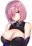  1girl blush breasts fate/grand_order fate_(series) hair_over_one_eye highres large_breasts lavender_hair looking_at_viewer mash_kyrielight mitsukazu_(nijigen_complex) short_hair simple_background solo violet_eyes white_background 