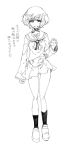  1girl commentary copyright_request greyscale highres kotoyama looking_at_viewer monochrome open_mouth school_uniform short_hair simple_background skirt socks solo white_background 