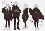  1boy 1girl akakura baggy_clothes black_footwear black_hoodie black_legwear blush character_sheet closed_mouth fingernails green_eyes grey_hair hood hood_down hoodie light_blush long_hair open_mouth original pants red_nails shoes skeleton_print smile sneakers standing sweatpants thigh_strap white_footwear zipper zipper_pull_tab 