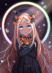  1girl abigail_williams_(fate/grand_order) absurdres artist_request bangs black_bow black_headwear blonde_hair blue_eyes blush bow bug butterfly commentary_request dress fate/grand_order fate_(series) forehead frown hair_bow hat highres insect long_hair long_sleeves looking_at_viewer orange_bow parted_bangs polka_dot polka_dot_bow sleeves_past_fingers sleeves_past_wrists solo stuffed_animal stuffed_toy teddy_bear very_long_hair 