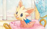  :d basket black_eyes creature curtains dog dog_focus full_body gen_5_pokemon happy indoors lillipup looking_at_viewer looking_to_the_side no_humans official_art open_mouth pillow pokemon pokemon_(creature) pokemon_trading_card_game sekio smile solo third-party_source 