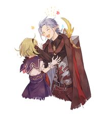  1boy 1girl a082 blonde_hair blue_eyes closed_eyes dirty_face djeeta_(granblue_fantasy) gloves granblue_fantasy grimnir heterochromia jacket_on_shoulders open_mouth pointy_ears puffy_sleeves red_eyes short_hair short_sleeves silver_hair skirt smile warlock_(granblue_fantasy) white_gloves wiping_face 