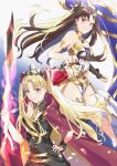  2girls armlet asymmetrical_legwear asymmetrical_sleeves bangs between_breasts bikini black_bow black_dress black_hair blonde_hair blue_background blush bow breasts bridal_gauntlets cape detached_collar dress earrings ereshkigal_(fate/grand_order) fate/grand_order fate_(series) gold_trim gradient gradient_background hair_bow heavenly_boat_maanna hoop_earrings infinity ishtar_(fate)_(all) ishtar_(fate/grand_order) jewelry long_hair long_sleeves looking_at_viewer meslamtaea_(weapon) multiple_girls neck_ring necklace parted_bangs pelvic_curtain pendant polearm red_bow red_cape red_eyes siblings single_sleeve single_thighhigh sisters skull smile spear spine swimsuit thigh-highs tiara two_side_up weapon white_bikini yishan 