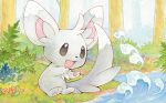  :d black_eyes bush creature day flower full_body gen_5_pokemon grass happy minccino no_humans official_art open_mouth outdoors pokemon pokemon_(creature) sekio sitting sitting_on_ground smile solo third-party_source tree water 