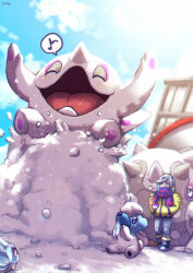  1boy arms_up bergmite black_boots blue_hair blue_sky boots building cetitan cetoddle closed_eyes closed_mouth commentary_request cubchoo day grey_pants grusha_(pokemon) hands_in_pockets jacket long_sleeves musical_note open_mouth outdoors pants pokemon pokemon_(creature) pokemon_sv scarf scarf_over_mouth signature sitting sky smile snort snow snow_on_head speech_bubble spoken_musical_note standing tatugon yellow_jacket 