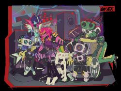  1girl 1other 4boys animal_ears barefoot black_border black_pants blue_hair body_freckles border cap&#039;n_(deltarune) colored_skin crossed_arms deltarune drum drum_set electric_guitar freckles full_body furry furry_female furry_male goat_boy goat_ears goat_horns grin group_picture guitar holding holding_instrument holding_microphone horns humanoid_robot instrument k_k_(deltarune) kris_(dark_world)_(deltarune) kris_(deltarune) kris_(lightners_live)_(deltarune) microphone mohawk multicolored_hair multiple_boys pants pink_eyes pink_hair pink_skin ralsei ralsei_(lightners_live) robot shaded_face short_hair shoulder_freckles sitting smile speaker stereo susie_(dark_world)_(deltarune) susie_(deltarune) susie_(lightners_live)_(deltarune) sweet_(deltarune) two-tone_hair utdr_(toby_fox) yaksa_del 