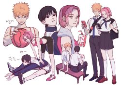  1girl 2boys absurdres alternate_universe bag ball basketball_(object) basketball_jersey bench bike_shorts black_eyes black_hair blonde_hair blue_eyes cellphone commentary_request green_eyes gym_shorts hairband haruno_sakura highres holding holding_ball holding_juice_box holding_phone jacket korean_commentary korean_text miniskirt multiple_boys naruto_(series) naruto_shippuuden negeotibeu_dungji phone pink_hair pink_hairband pink_sports_bra pleated_skirt sai_(naruto) school_bag school_uniform serafuku shorts sitting skirt smartphone sports_bra stretching track_jacket translation_request uchiha_sasuke 