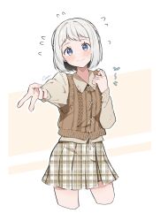  1girl artist_name blue_eyes blush brown_background brown_shirt brown_skirt brown_vest closed_mouth collared_shirt commentary coro_(corota_5656) cropped_legs flying_sweatdrops gakuen_idolmaster grey_hair hands_up highres idolmaster katsuragi_lilja long_sleeves miniskirt outstretched_arm plaid_clothes plaid_skirt pleated_skirt shirt short_hair skirt solo symbol-only_commentary thighs translation_request two-tone_background v vest white_background 