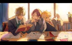  3boys blonde_hair book brown_hair candy collared_shirt commentary_request curtains eraser flower flower_pot food free! green_necktie grey_jacket grey_sweater_vest hazuki_nagisa highres holding holding_book holding_pen homework indoors jacket math matsuoka_rin mechanical_pencil multiple_boys necktie notebook open_book pen pencil rectangular_eyewear red_hair shaaark_rotta03 shirt sitting sweater sweater_vest tachibana_makoto violet_eyes window wrapped_candy 