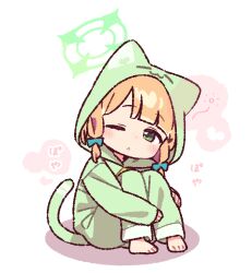  1girl animal_hood barefoot blonde_hair blue_archive blunt_bangs blush cat_hood cat_tail commentary_request full_body green_halo green_hoodie green_pants halo hood hood_up hoodie knees_up long_sleeves looking_at_viewer midori_(blue_archive) one_eye_closed open_mouth pajamas pants short_hair simple_background sitting solo squeans tail white_background yoru_nai 