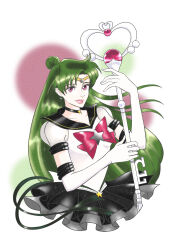 absurdres bishoujo_senshi_sailor_moon bishoujo_senshi_sailor_moon_stars black_choker black_sailor_collar black_skirt bow bowtie choker deep_aqua_mirror elbow_gloves eternal_tiare garnet_rod gloves green_hair hair_bun highres long_hair meiou_setsuna red_bow red_bowtie sailor_collar sailor_pluto sailor_senshi_uniform silence_glaive single_hair_bun skirt star_(symbol) star_choker super_sailor_pluto_(stars) wheather white_gloves 
