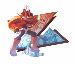  2girls 4boys android armor ciel_(mega_man) copy_x_(mega_man) cyber_elf_x_(mega_man) evil_grin evil_smile finger_on_trigger forehead_jewel gloves grin gun helmet high_ponytail holding holding_gun holding_weapon jewelry may_(nicoseiga_32709921) mega_man_(series) mega_man_zero_(series) mega_man_zero_1 multiple_boys multiple_girls official_style pantheon_(mega_man) ponytail red_armor red_helmet robot robot_ears robot_girl single_letter smile standing standing_on_one_leg weapon white_gloves x_(mega_man) zero(z)_(mega_man) zero_(mega_man) 