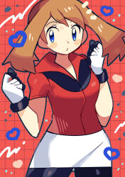  1girl anidler91 bandana bike_shorts bike_shorts_under_shorts blue_eyes blush breasts brown_hair cowboy_shot fanny_pack gloves heart highres may_(pokemon) pokemon pokemon_rse red_bandana red_shirt shirt shorts shorts_under_shorts solo white_gloves 