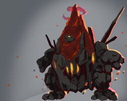  absurdres closed_mouth coalossal commentary_request debris dynamax full_body gigantamax gigantamax_coalossal glowing_hot grey_background highres mochi_curry no_humans pokemon pokemon_(creature) pokemon_focus red_clouds simple_background solo standing 